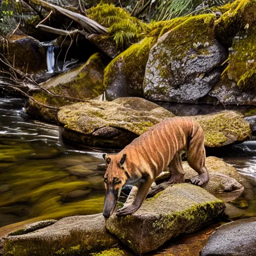 Prompt: A tasmanian tiger drinking from a tranquil alpine stream in Tasmania, Australia, wildlife photography, dslr, high resolution, award winning, 8k