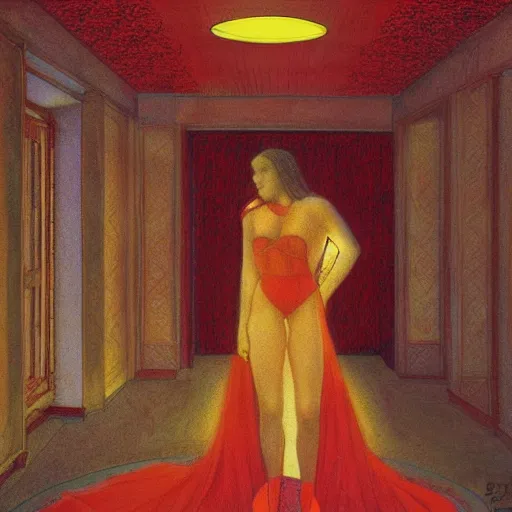 Image similar to an elegant girl in a liminal abandoned room, red and gold, old polaroid by botticelli, by moebius, digital painting, jugendstil, art noveau, strong lights, flat colors, pastel colors,