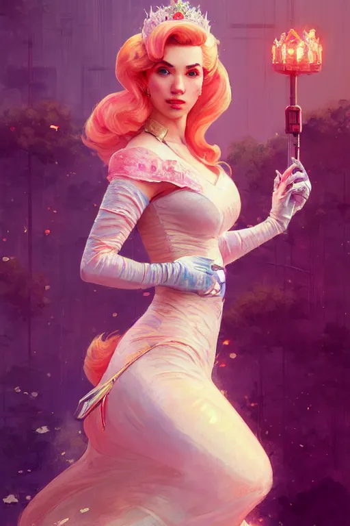 Image similar to gta 5 princess peach profile picture by greg rutkowski, dynamic pose, intricate, futuristic, fantasy, elegant, by stanley artgerm lau, greg rutkowski, thomas kindkade, alphonse mucha, loish, norman rockwell, fantasy lut, asymmetric, long hair, retro computer graphics, video game, fluid lines,