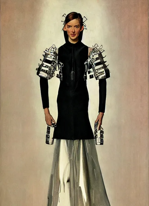 Image similar to a portrait by norman rockwell of a nordic woman detailed features wearing a futuristic wedding dress synthetic materialslots of zippers chic'techno fashion trend by balenciaga