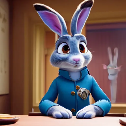 Image similar to Judy Hopps, the rabbit police officer from Zootopia, interrogating Hannibal Lecter from Silence of the Lambs, mashup, 4k movie still