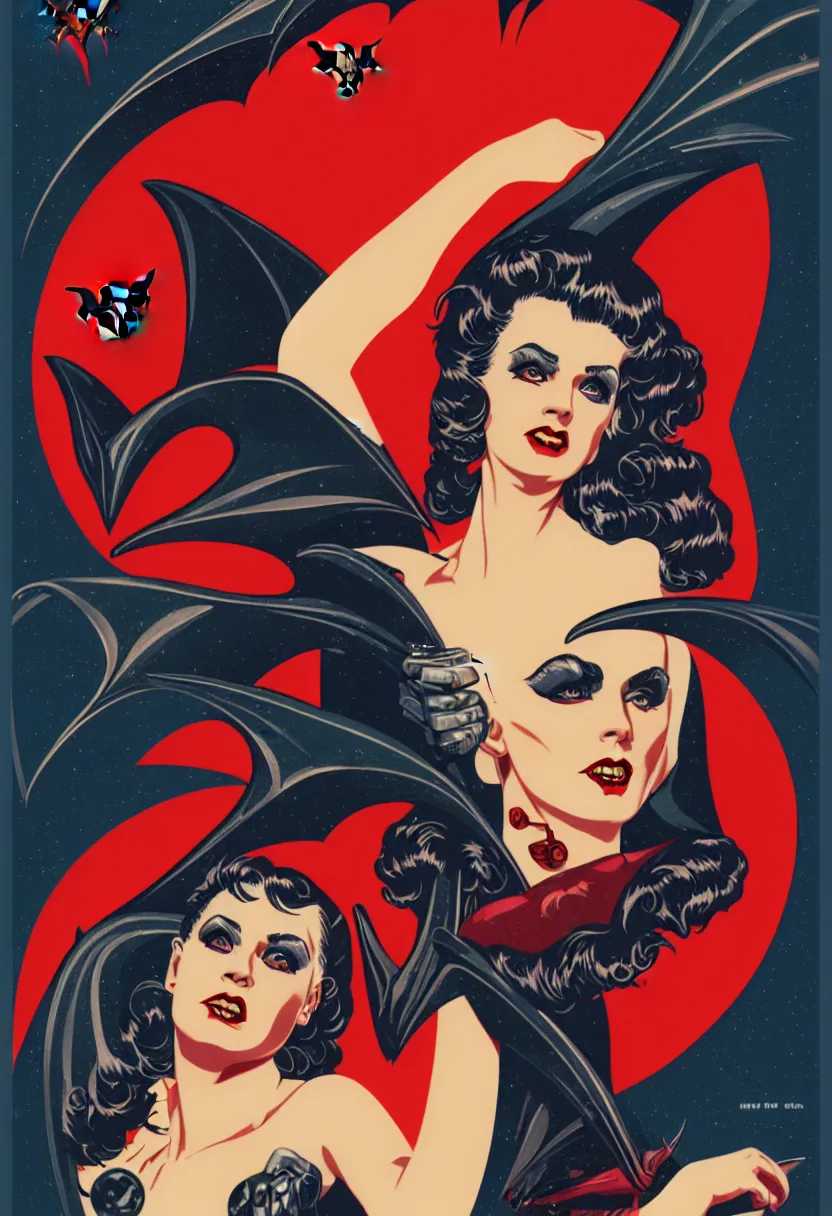 Image similar to vintage science fiction magazine poster portrait of an attractive vampire babe, bat wings, vector art, 8k, highly detailed illustration