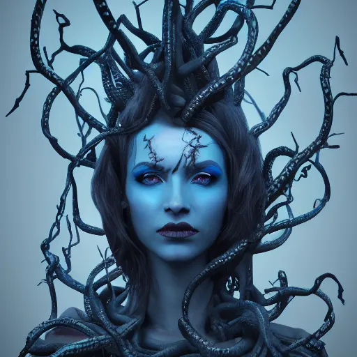 Image similar to dark queen of snakes, crown of snakes, blue skin, realism, dark fantasy, surrounded by thorned vines, octane render, artstation