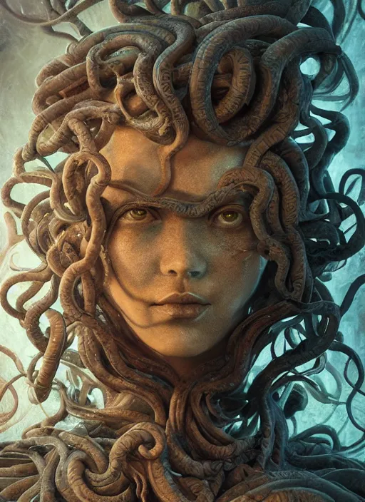 Image similar to medusa made of wax, wooden art nouveau swirls, strong subsurface scattering, cables, tubes, subsurface scattering, in the style of ruan jia and tomasz alen kopera and giger, subsurface scattering, mystical colors, rim light, dramatic lighting, 8 k, stunning scene, raytracing, octane render, trending on artstation