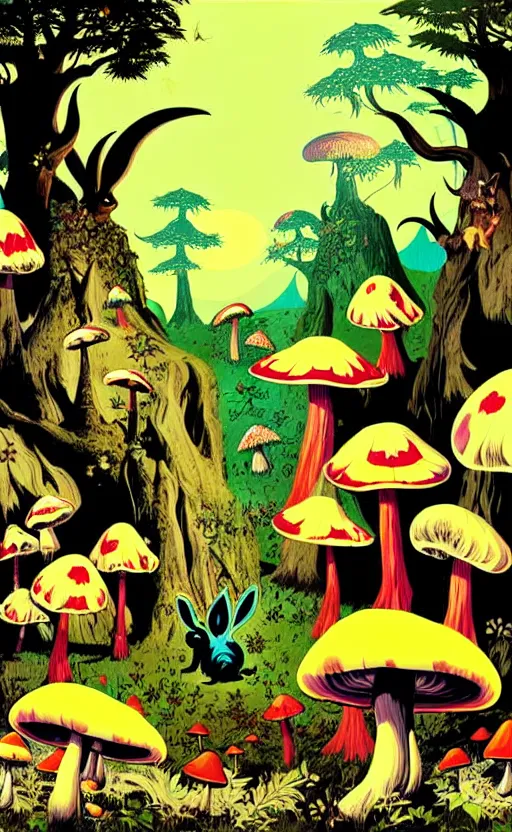 Image similar to psychedelic mushrooms in an enchanted forest with bunnies wide angle shot, white background, vector art, illustration by frank frazetta and salvador dali