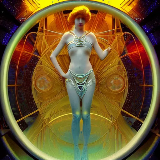 Image similar to a beautiful female machine droid in ocean waves of glossy liquid stardust flowing like psychedelic soap bubble, lsd waves, lsd ripples, backlit, dramatic, refracted lighting, masterpiec volumetric lighting, 8 k octane, beautifully detailed render, post - processing, extremely detailed, intricate, epic composition, cinematic lighting, scifi art nouveau by collier. alphonse mucha