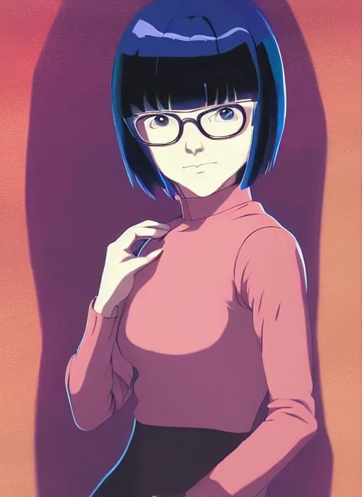 Image similar to Painting of grown-up Velma Dinkley in the style of Ghost in The Shell, beautiful anime art style, winged eyelashes, countryside, calm, fantasy character portrait, dark outlines, dynamic pose, above view, sunny day, artwork by Makoto Shinkai, very coherent asymmetrical artwork, sharp edges, perfect face, simple form, 100mm