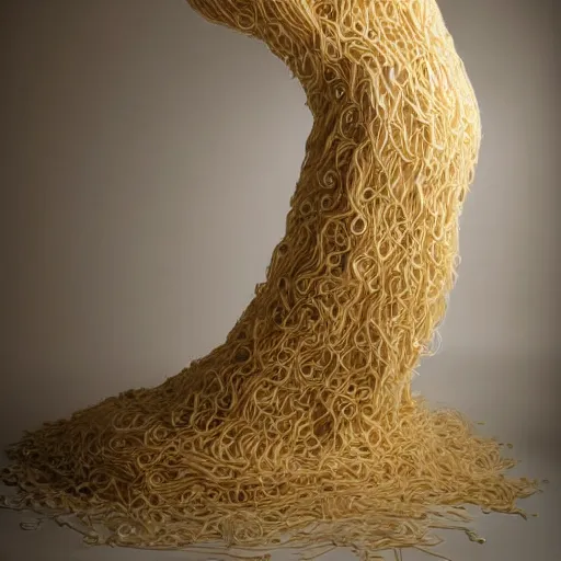 Image similar to a beautiful dress made out of noodles, on a mannequin. high quality, high resolution, studio lighting