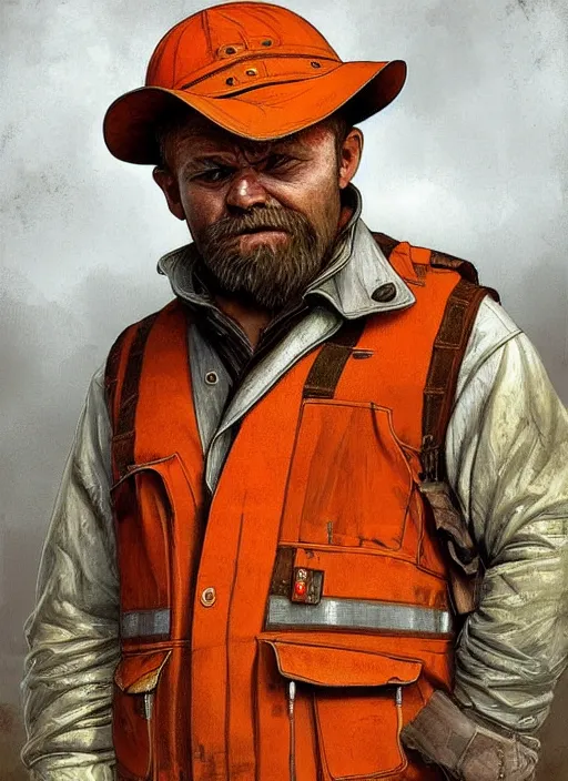 Prompt: a russian railroad electrician!!!, male!!, wearing orange vest!!, siberia!!, portrait, 3 5, dirty, fat, ugly, intricate, elegant, highly detailed, digital painting, artstation, concept art, wallpaper, smooth, sharp focus, illustration, art by artgerm and greg rutkowski and alphonse mucha