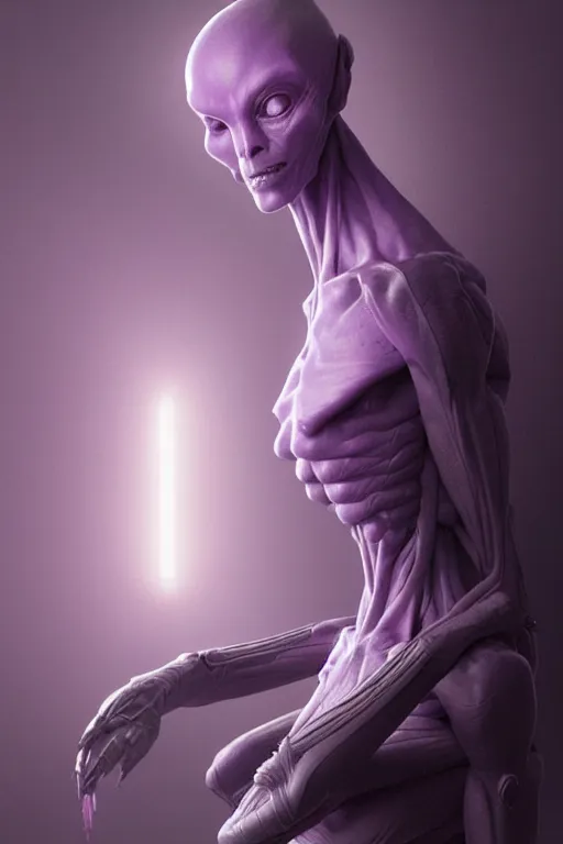 Image similar to portraint of a purple alien, greg rutkowski, 3 d render, 8 k, intricate, hyper realistic, mysterious, interstellar