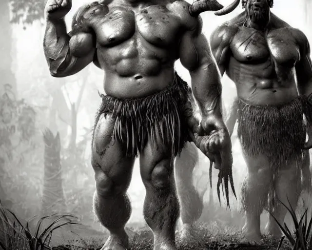 Image similar to hyper realistic group vintage photograph of a live action warcraft orc warrior tribe in the jungle, tall, hulk like physique, detailed faces, tribal paint, tribal armor, grain, old, monochrome, sepia toned, realistic lighting, wide angle