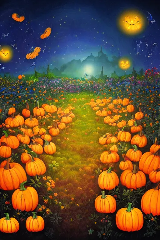 Prompt: beautiful _ digital _ matte _ painting _ of _ whimsical _ pumpkin patch _ illustration _ black _ and _ blue _ flowers _ with _ fireflies _ enchanted _ dark _ background _ dark _ contrast _ by _ android jones