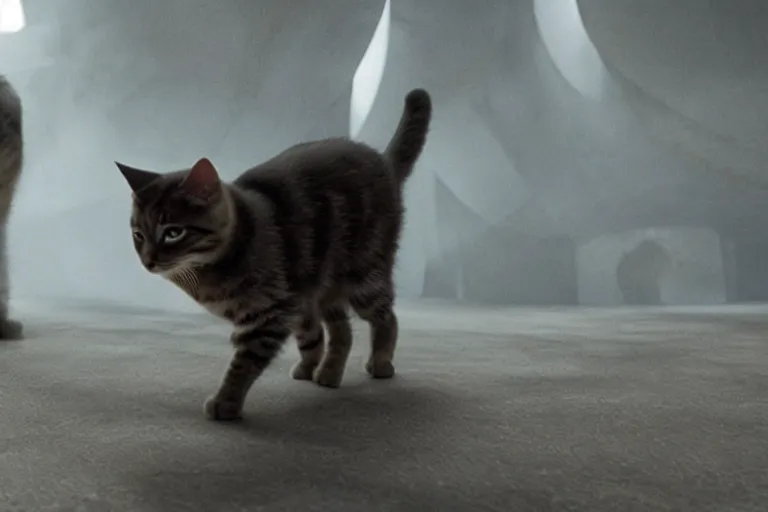 Image similar to futuristic VFX movie of a cat walking through a wizards magic underground lair,natural lighting by Emmanuel Lubezki