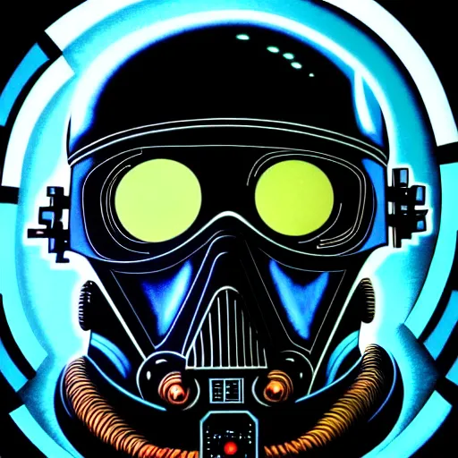 Image similar to A close up portrait of most wanted cyberpunk space pirate warping time and space, wearing menacing skull space helmet, trading illegal goods, star wars meet protomolecule, magic mushrooms, psilocybin, LSD, dark force full face space helmet, space pressurized suit, futuristic, blade runner, detailed, intricate, elegant, highly detailed, digital painting, artstation, concept art, smooth, sharp focus, akira style illustration, art by Krenz Cushart and Artem Demura and Alphonse Mucha