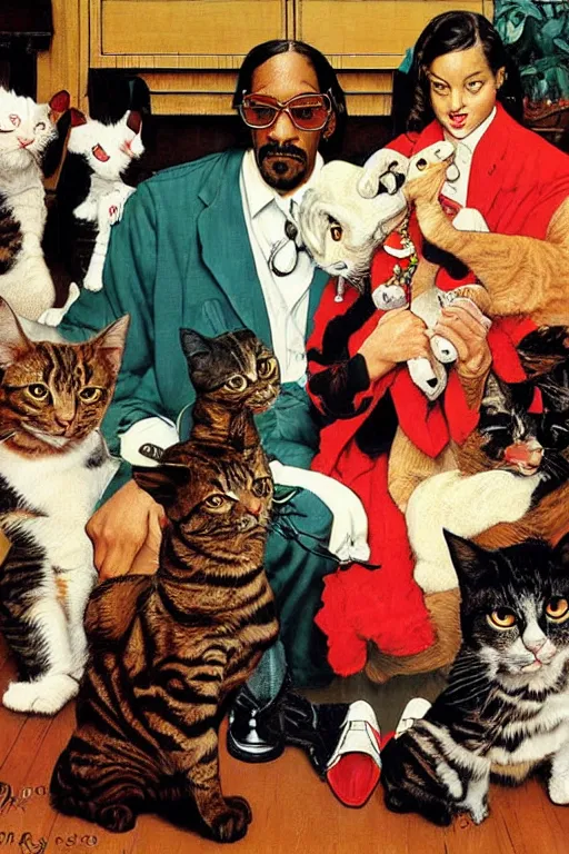 Image similar to snoop dogg and his cats painted by Norman Rockwell