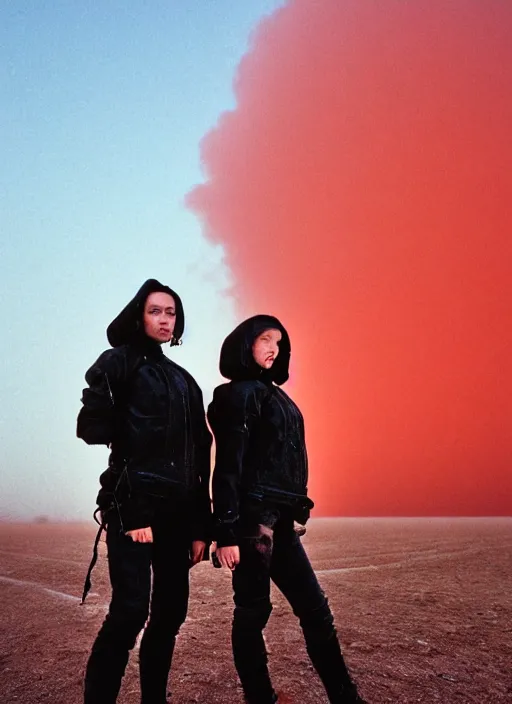 Image similar to cinestill 5 0 d photographic portrait of two loving female androids wearing rugged black techwear on a desolate plain with a red sky in front of a brutalist structure by steve mccurry, extreme closeup, cyberpunk style, dust storm, 8 k, hd, high resolution, 3 5 mm, f / 3 2, ultra realistic faces, ex machina
