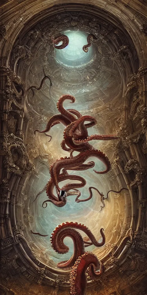 Prompt: epic fight of colorful Ouroboros and enormous octopus floating around inside an ancient mage castle hall colossal scale, gothic and baroque, brutalist architecture, ultradetailed, intricate details by Ellen Jewett and Ayami Kojima