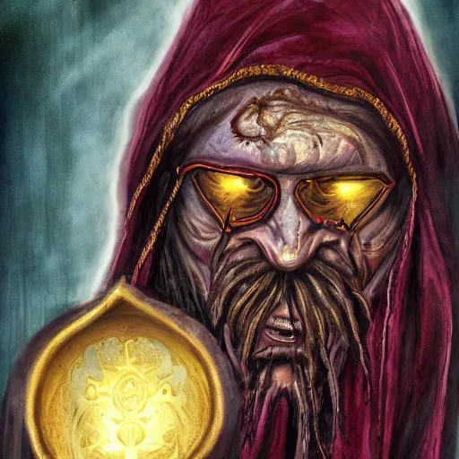 Image similar to the veiled arcanist prophet as a man with a golden cultist mask in bloodsoaked land by greg rutowski