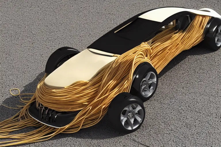 Prompt: car made of spaghetti, concept art, HD luxury render, 4k, train tracks