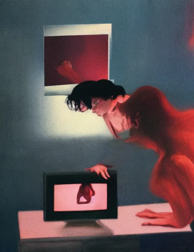 Prompt: woman playing computer games n dark room, blue rays from monitor, redshift, wide shot, coloured polaroid photograph, pastel, kodak film, hyper real, stunning moody cinematography, by maripol, fallen angels by wong kar - wai, style of suspiria and neon demon, david hockney, detailed, oil on canvas
