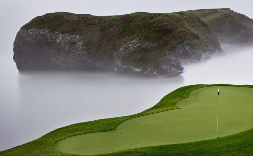 Image similar to a great photograph of the most amazing golf hole in the world, rainy day, cliffs by the sea, perfect green fairway, human perspective, ambient light, 5 0 mm, golf digest, top 1 0 0, fog