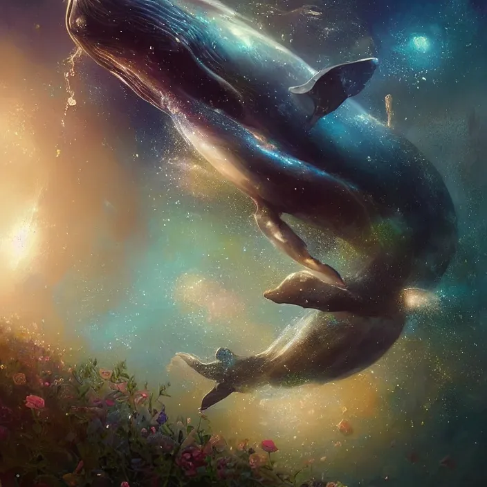 Image similar to glimmering whale, flowing dress, flowers, cosmos, milky way galaxy, golden hour, god rays, coral reef, dreamscape by artgerm and ruan jia and ismail inceoglu and greg olsen, masterpiece, beautiful, intricate, elegant, highly detailed