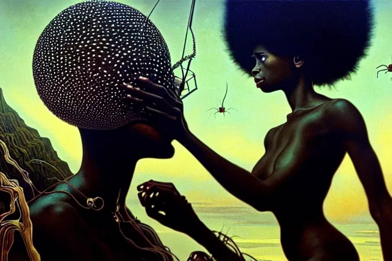 Image similar to realistic detailed closeup portrait movie shot of a beautiful black woman dancing with a giant spider, futuristic sci fi landscape background by denis villeneuve, jean deville, amano, yves tanguy, ernst haeckel, alphonse mucha, max ernst, caravaggio, roger dean, sci - fi necklace, fashion, masterpiece, rich moody colours