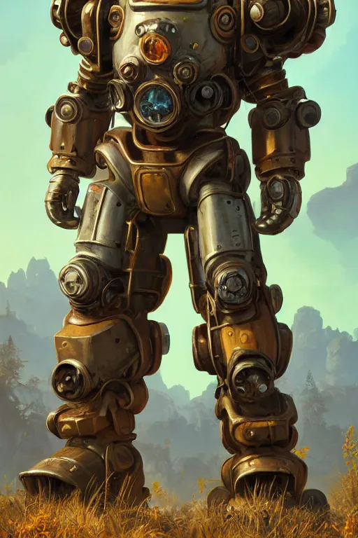 Image similar to hardmesh retro futurist steampunk fallout 7 6 power armor, hyper realistic, art cover, official fanart behance hd artstation by jesper ejsing, by rhads, makoto shinkai, final fantasy, unreal engine highly rendered, global illumination, radiant light, intricate environment radiating a glowing aura global illumination ray tracing hdr