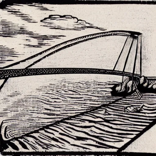 Prompt: small steel suspension bridge built in 1 9 2 8, side view, puffy clouds in background, dooby is flying in the sky, woodcut style, rubber stamp, 8 k