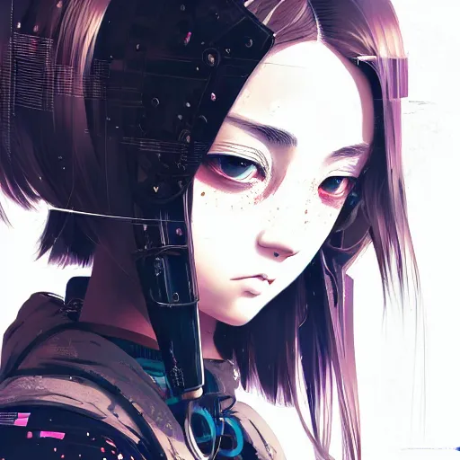 Image similar to by kyoto animation, cool girl wearing cyberpunk intricate streetwear, beautiful, detailed symmetrical close up portrait, intricate complexity, in the style of artgerm and ilya kuvshinov, cell shaded, 4 k, concept art, by wlop, krenz cushart, greg rutkowski, pixiv. cinematic dramatic atmosphere, cinematic lighting, studio quality