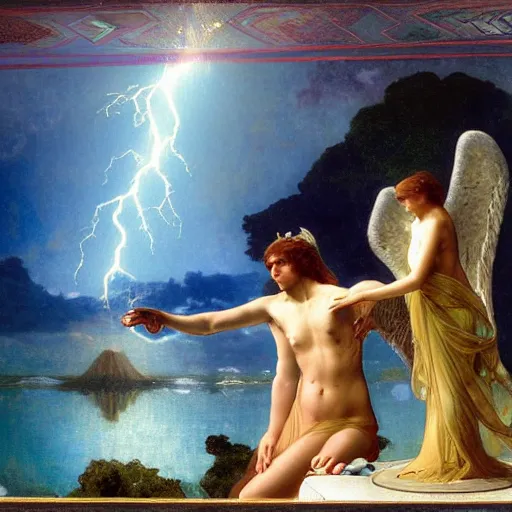 Image similar to The chalice of the angels, refracted sparkles, thunderstorm, greek pool, beach and Tropical vegetation on the background major arcana sky, by paul delaroche, alphonse mucha and arnold böcklin, hyperrealistic symmetrical 8k, award-winning, very very very detailed
