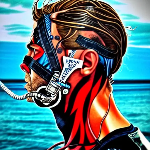 Image similar to a portrait of a back man with side profile blood in ocean intricate details :: side profile :: oxygen mask by MARVEL comics and Sandra Chevrier