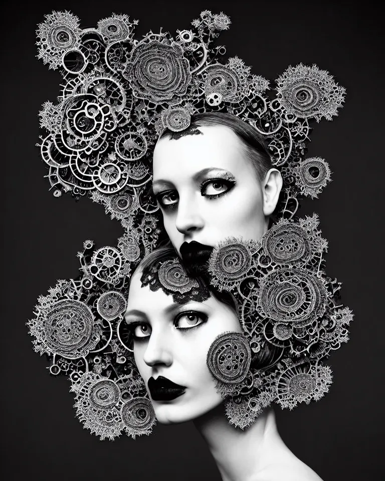 Image similar to surreal black and white photo portrait of complex bio-mechanical beautiful young female vegetal-cyborg with a Mandelbrot fractal metal fine lace face, curled silver hair, bright red lips, 150 mm lens, soft rim light, fine metal floral foliage super big lace collar by Alexander McQueen, high fashion, haute couture, rococo, steampunk, silver filigree details, anatomical, facial muscles, cable wires, microchip, elegant, hyper realistic, octane render, unreal engine, in the style Dora Maar, volumetric lighting, 8k, radiant energy aura, retrofuturistic depressing hopeless vibe