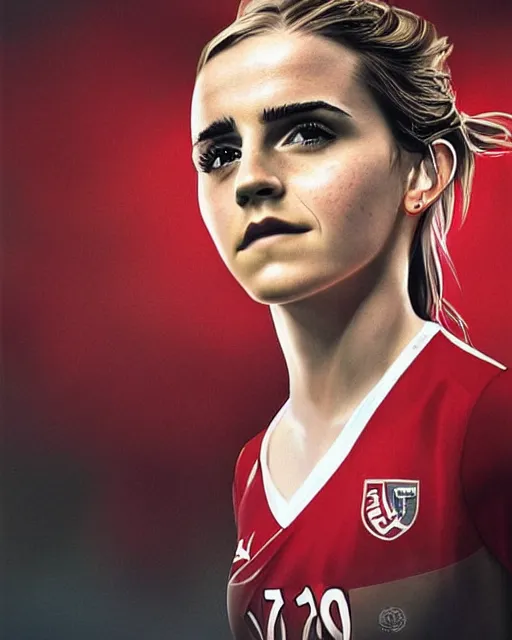 Image similar to a portrait of emma watson as a lokomotiv football player, hyper realistic, highly detailed