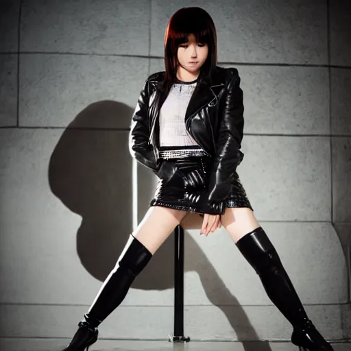 Image similar to a dynamic, epic cinematic 8K HD movie shot of a japanese beautiful cute young J-Pop idol actress yakuza rock star girl wearing leather jacket, miniskirt, nylon tights, high heels boots, gloves and jewelry. Motion, VFX, Inspirational arthouse, at Behance