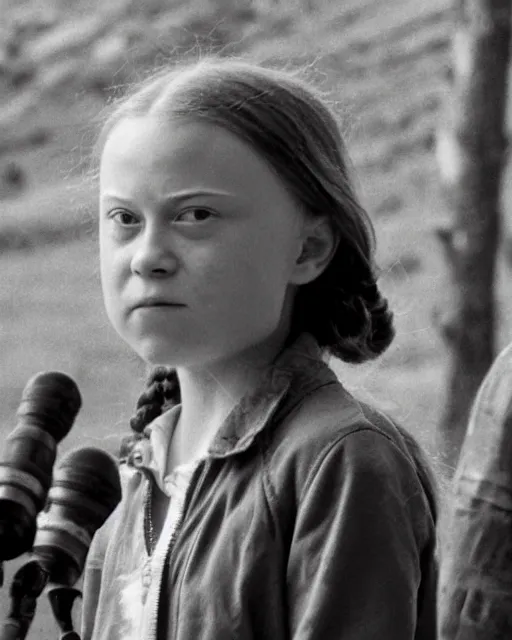 Image similar to film still close - up shot of greta thunberg giving a speech from the movie brokeback mountain. photographic, photography