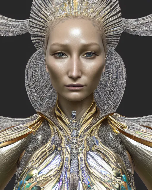 Image similar to a highly detailed metahuman 4 k close up render of an alien goddess bella hadid monument seraphim in iris van herpen dress schiaparelli in diamonds crystals swarovski and jewelry iridescent in style of alphonse mucha gustav klimt trending on artstation made in unreal engine 4