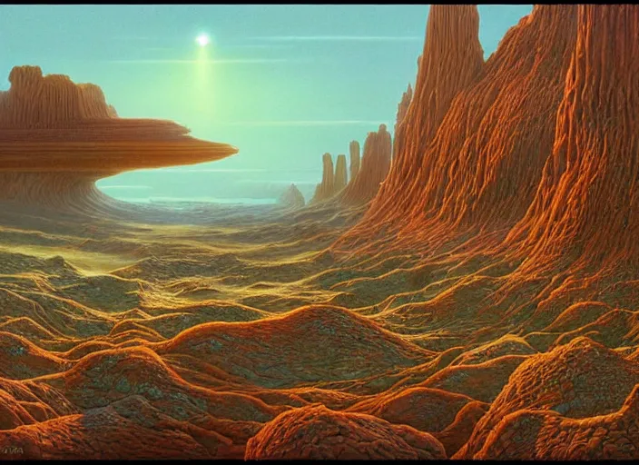 Image similar to strange surrealist detailed alien electronic-musical-instruments!! in a bryce 3d surrealist landscape biome, designed by john howe, and pixar!!, Michael Whelan art directs Dune (1984), hyper detailed, photorealistic, 8k, hd