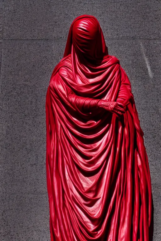 Image similar to the unknown maiden hiding his face under a red silk veil, statue made with embossed polished dark marble, sculpted by hedi xandt and bernini, epic and cinematic view, volummetric light, intricate, detailed, 8 k