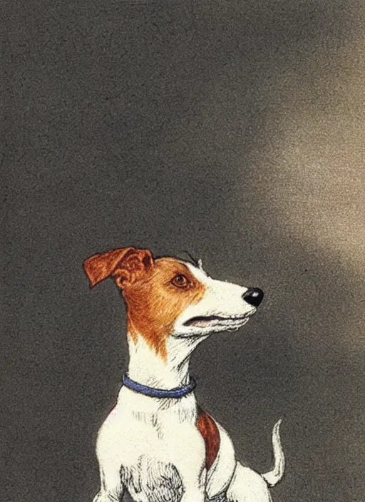 Prompt: closeup candid portrait of a jack russel terrier howling up, illustrated by peggy fortnum and beatrix potter and sir john tenniel