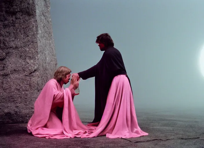 Image similar to Luke skywalker kneels before a jedi oracle woman, a mystic with infinite knowledge of time. a strange foggy pink land. still from the 1983 film directed by Stanley Kubrick, monolith, anamorphic, Photographed with Leica Summilux-M 24 mm lens, kodak stock, ISO 100, f/8, Portra 400