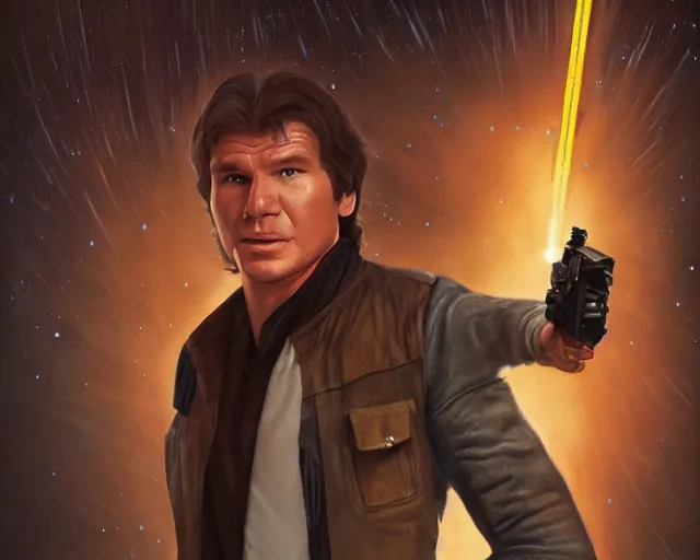 Image similar to the most amazing dream you ever had about han solo, harrison ford,, star wars, gta v, hyper realistic, ambient lighting, concept art, intricate, hyper detailed, smooth, volumetric lighting, george lucas, ralph mcquarrie, octane