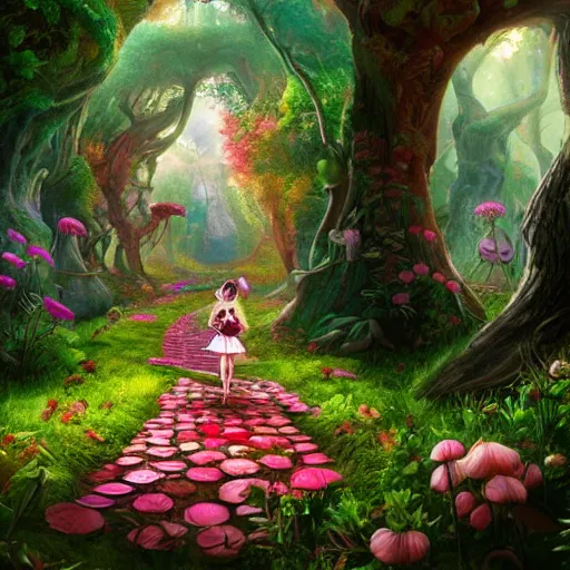 Prompt: alice in wonderland type of scenery. Vivid clolors. Computer art. Artstation. High resolution. 4k. - h 1200