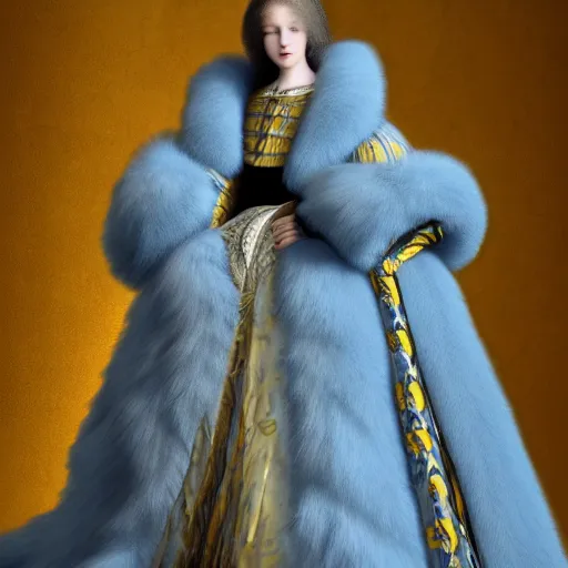 Image similar to a show design by leonardo davinci design by balenciaga ,fur, blue and yellow,pastel colours , hyperrealistic, highly detailed, fashion design,baroque,matte painting, concept art, hdri, 4k