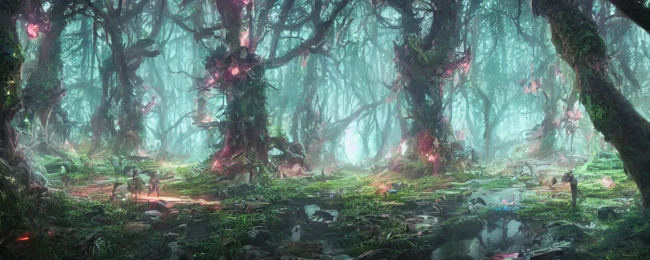 Prompt: detailed concept art illustration colorful pastel painting of a magical sci-fi fantasy forest in full intricate detail, ultra detailed, digital art, octane render, 4K, dystopian, micro details
