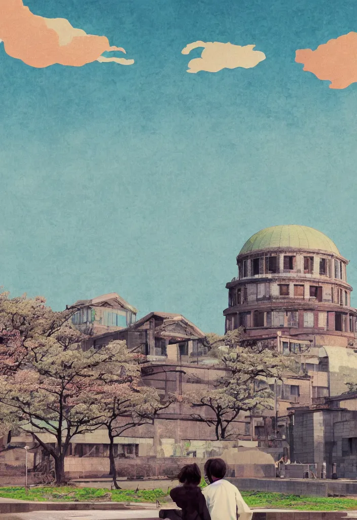 Image similar to sightseeing in hiroshima japan, picturesque view of the atomic bomb dome, a photo collage detailed painting, in the style of wes anderson, lola dupre, david hockney, isolated on negative white space background, volumetric octane render