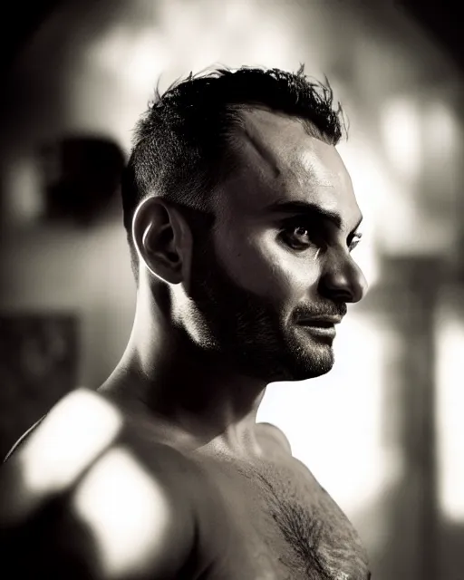 Image similar to Michael Mando as Nacho Varga, backlit portrait, black background, cinematic lighting, atmospheric, digital artwork