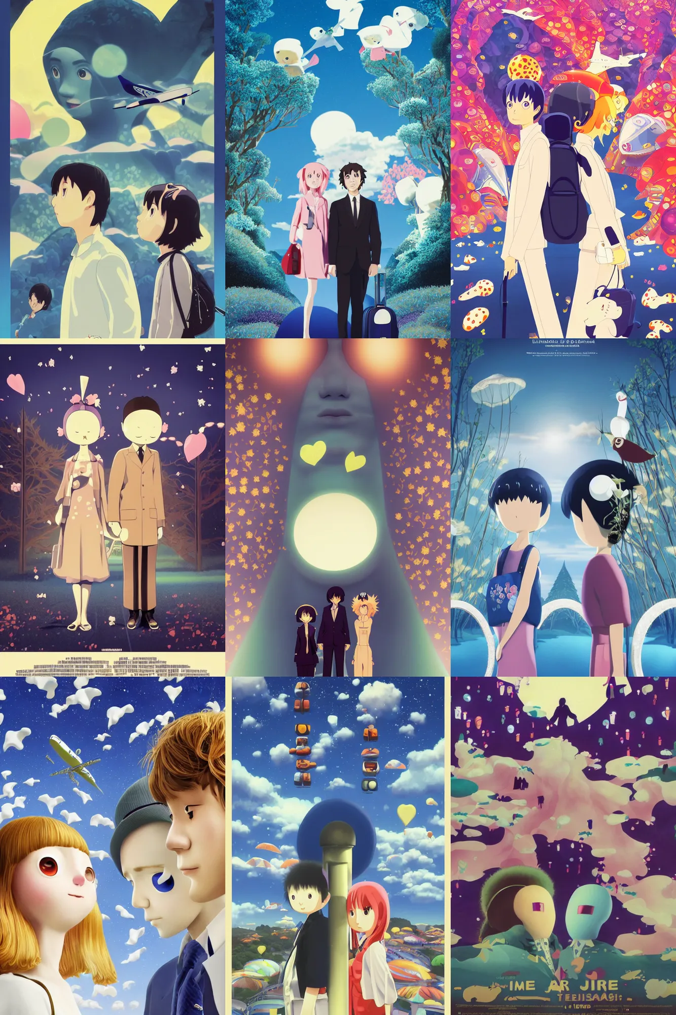 Prompt: time at a airport baggage claim solving epic mysteries, Klaus Movie Twins poster, artwork by Chiho Aoshima, a Rendering illustration of a cinematic beautiful closeup moment of three friends standing facing toward their love, full of details, full view, Matte painting, trending on artstation, Mamoru hosoda
