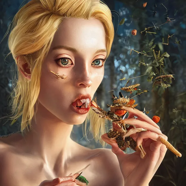 Image similar to studio portrait of blonde women eating insects at claridges, ultrafine hyperrealistic detailed face illustration by kim jung gi, irakli nadar, intricate linework, sharp focus, bright colors, matte, octopath traveler, final fantasy, unreal engine highly rendered, global illumination, radiant light, intricate environment