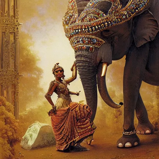 Image similar to srilankan elephant with high - teh steampunk armour baroque style, painting by gaston bussiere, craig mullins, j. c. leyendecker, lights, art by ernst haeckel, john william godward, hammershøi,